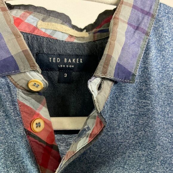 Ted Baker London Men's Polo Shirt Size M Blue Cotton Blend Plaid Collar - Picture 6 of 10